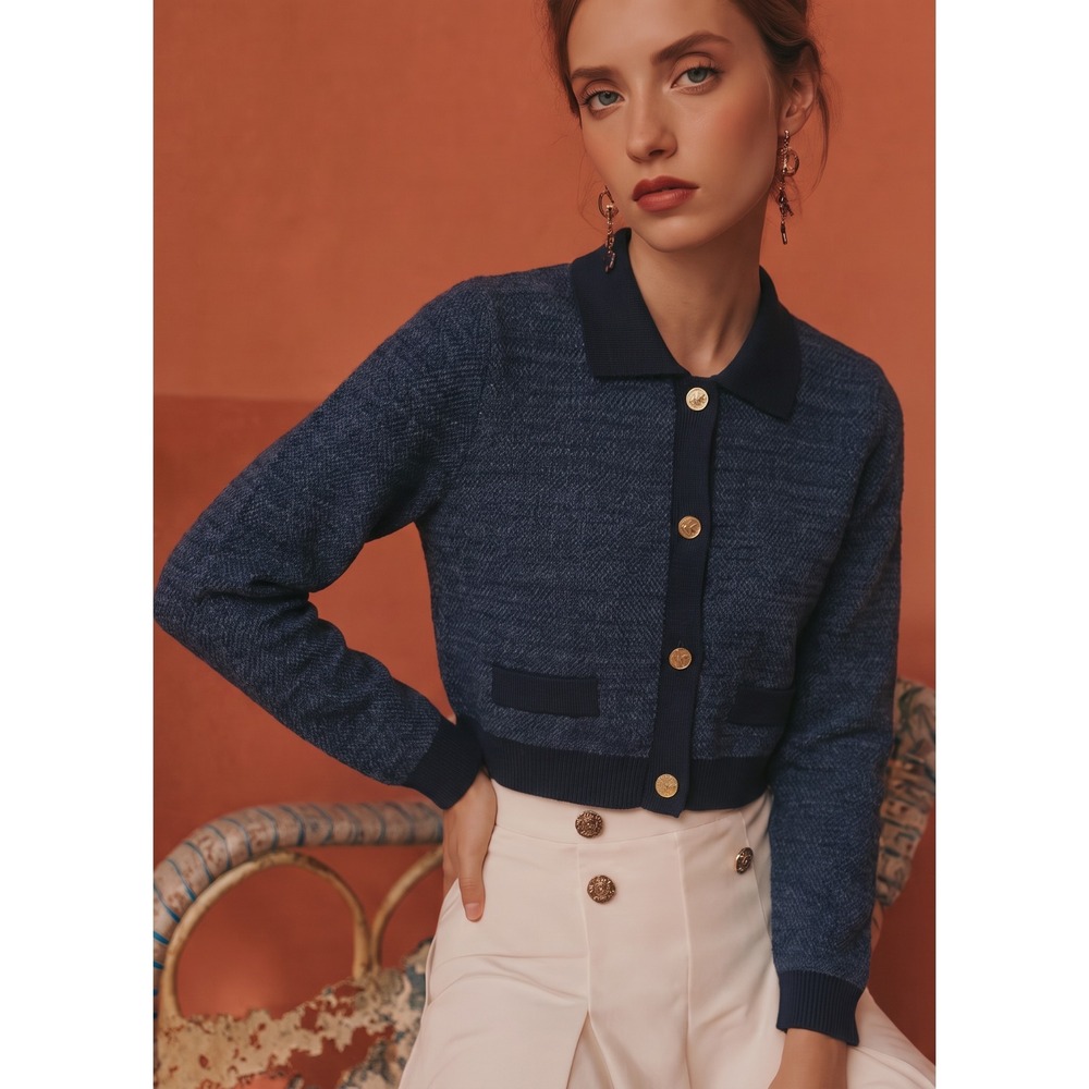 NWT Michael Kors Women's Blue Cropped Collared Sweater P/XL Gold Button Detail